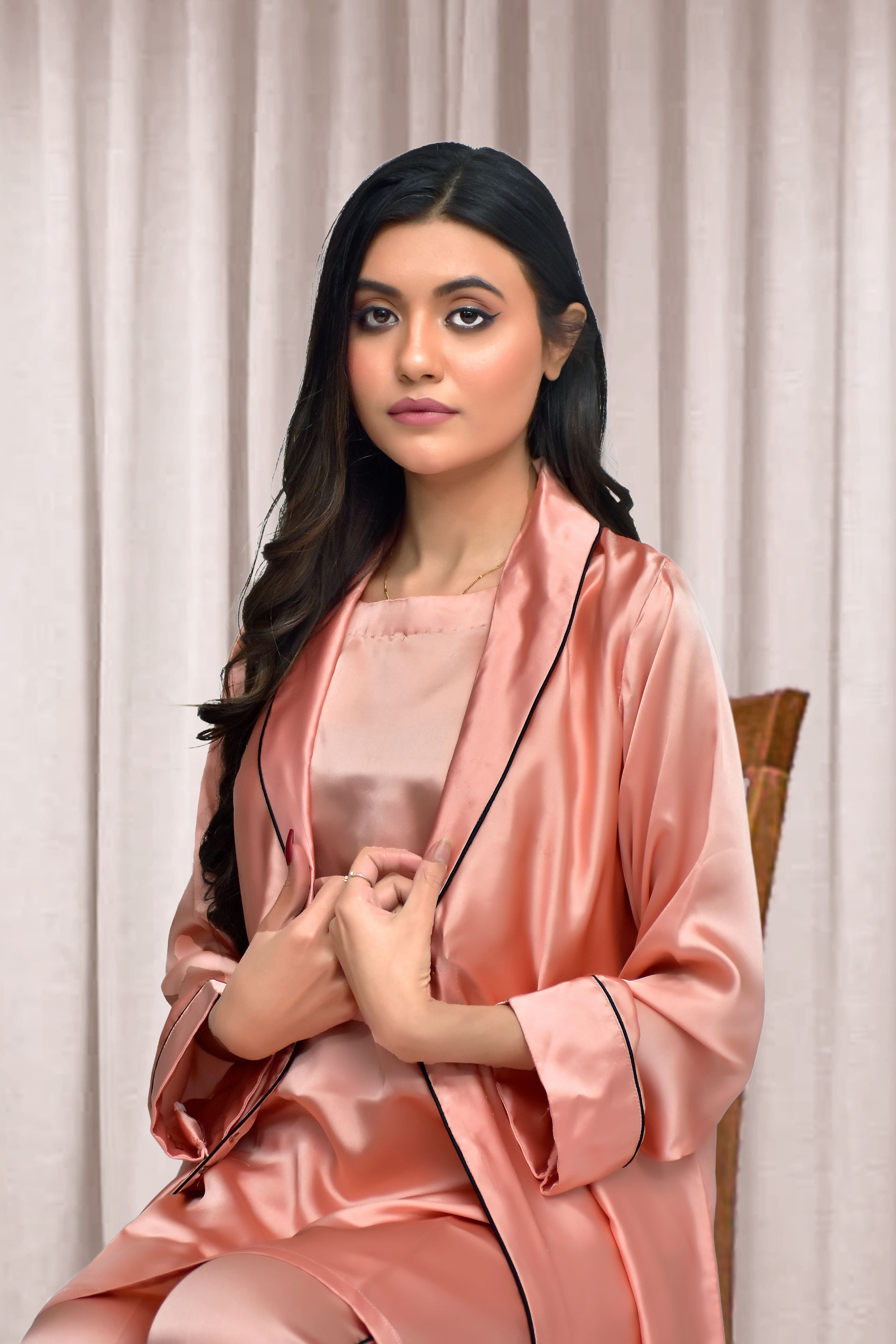 Rosy Peach Satin Silk Night wear suit 3pcs sleeping suit