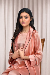 Rosy Peach Satin Silk Night wear suit 3pcs sleeping suit