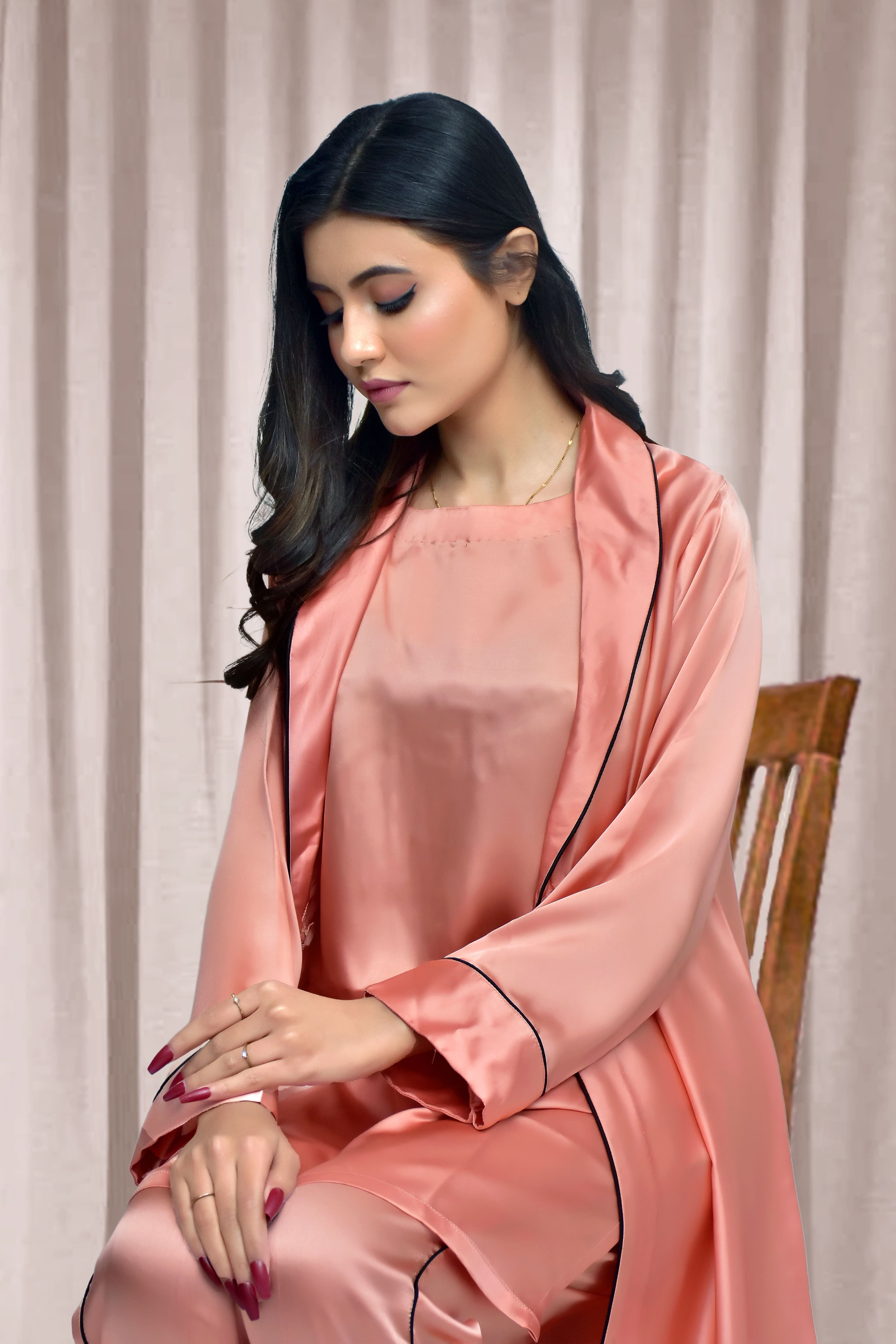 Rosy Peach Satin Silk Night wear suit 3pcs sleeping suit